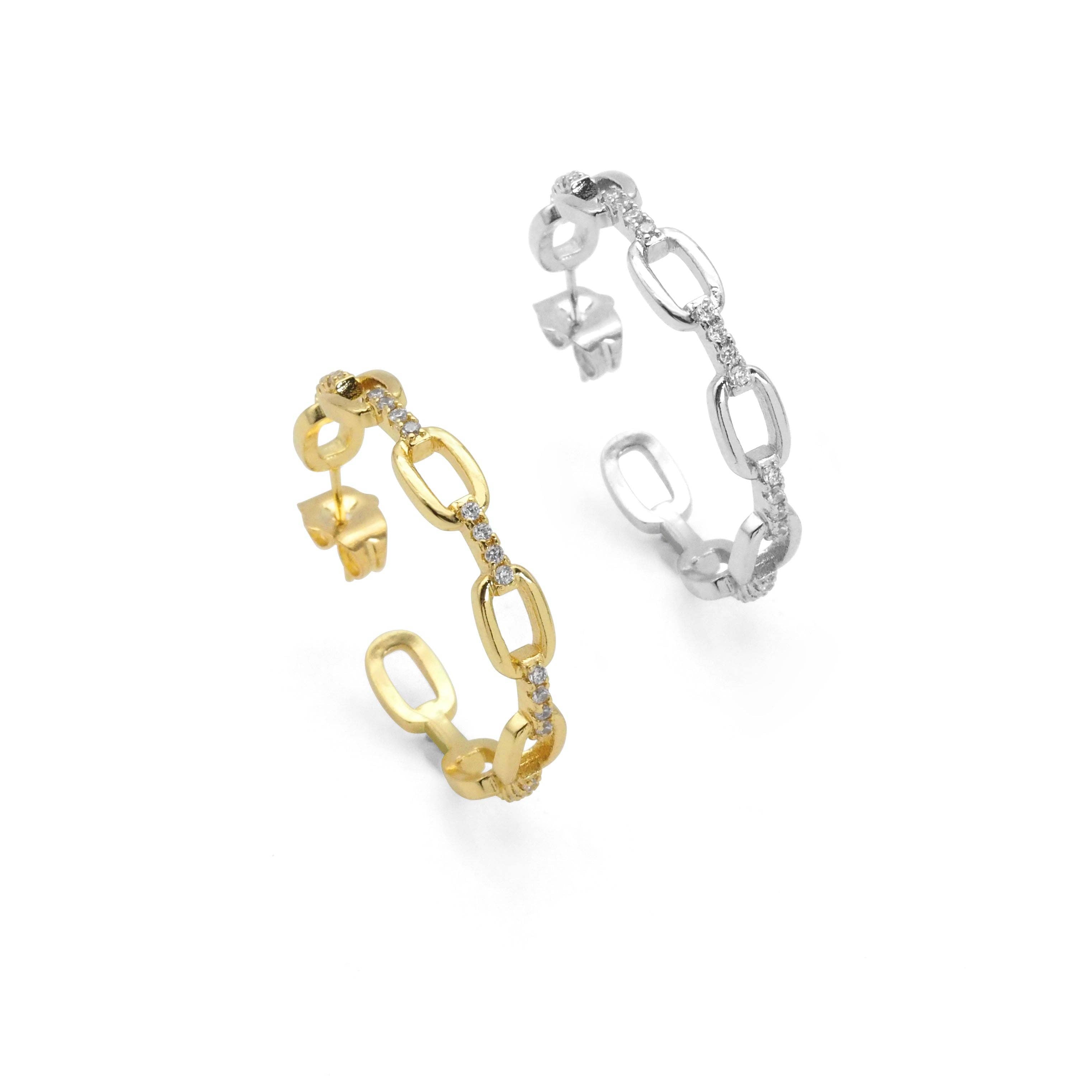 CZ Gold Silver Oval Link Hoop Earrings, Sku#LX217