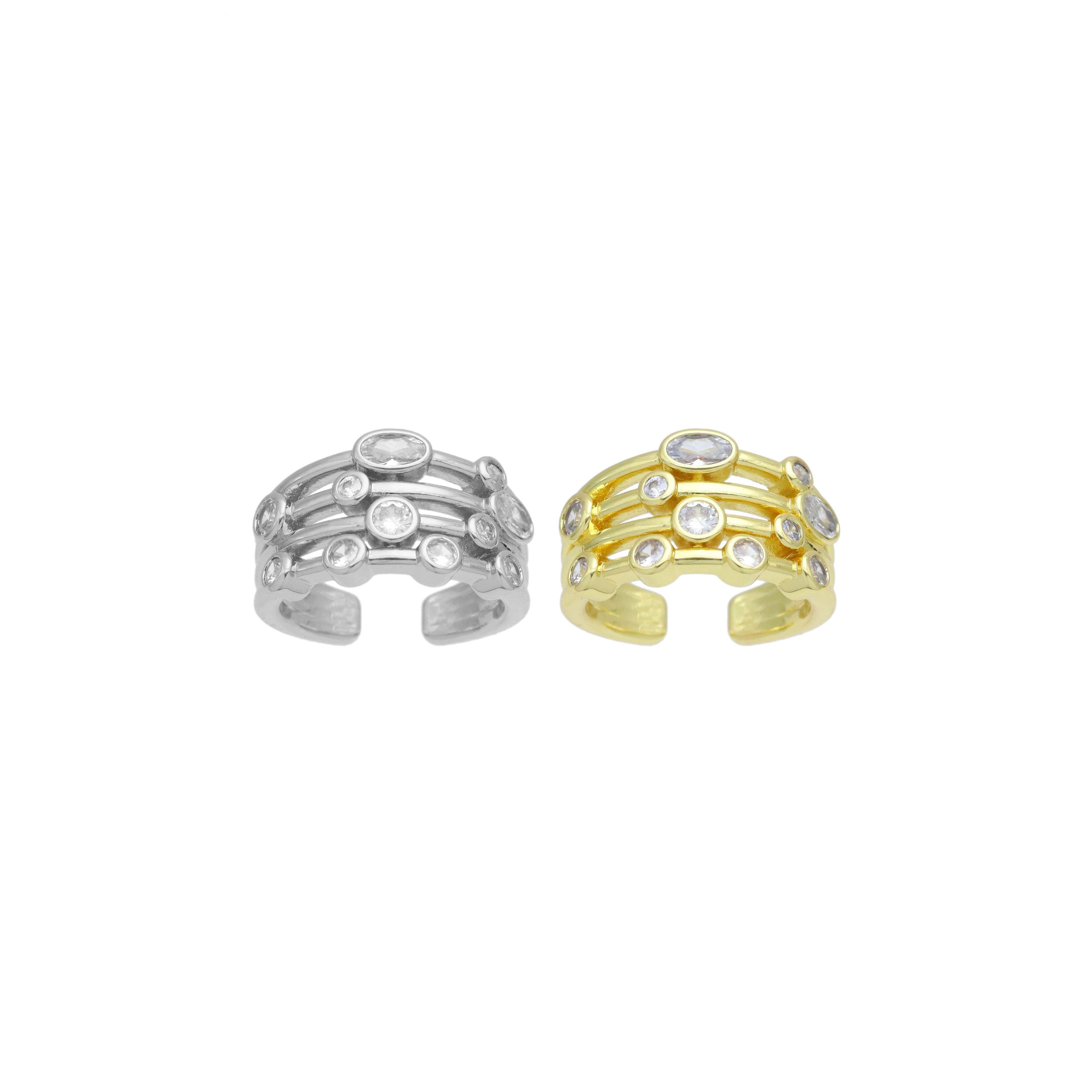 Gold Silver Oval CZ Multiline oval stone Adjustable Ring, Sku#A316