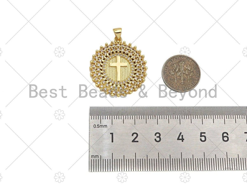 CZ Micro Pave Cross On Disc Shape Pendant/Charm,Cubic Zirconia Charm, Necklace Bracelet Charm Pendant,26x29mm, Sku#LD27