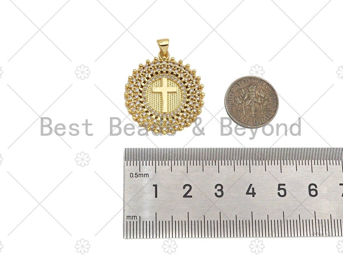 CZ Micro Pave Cross On Disc Shape Pendant/Charm,Cubic Zirconia Charm, Necklace Bracelet Charm Pendant,26x29mm, Sku#LD27