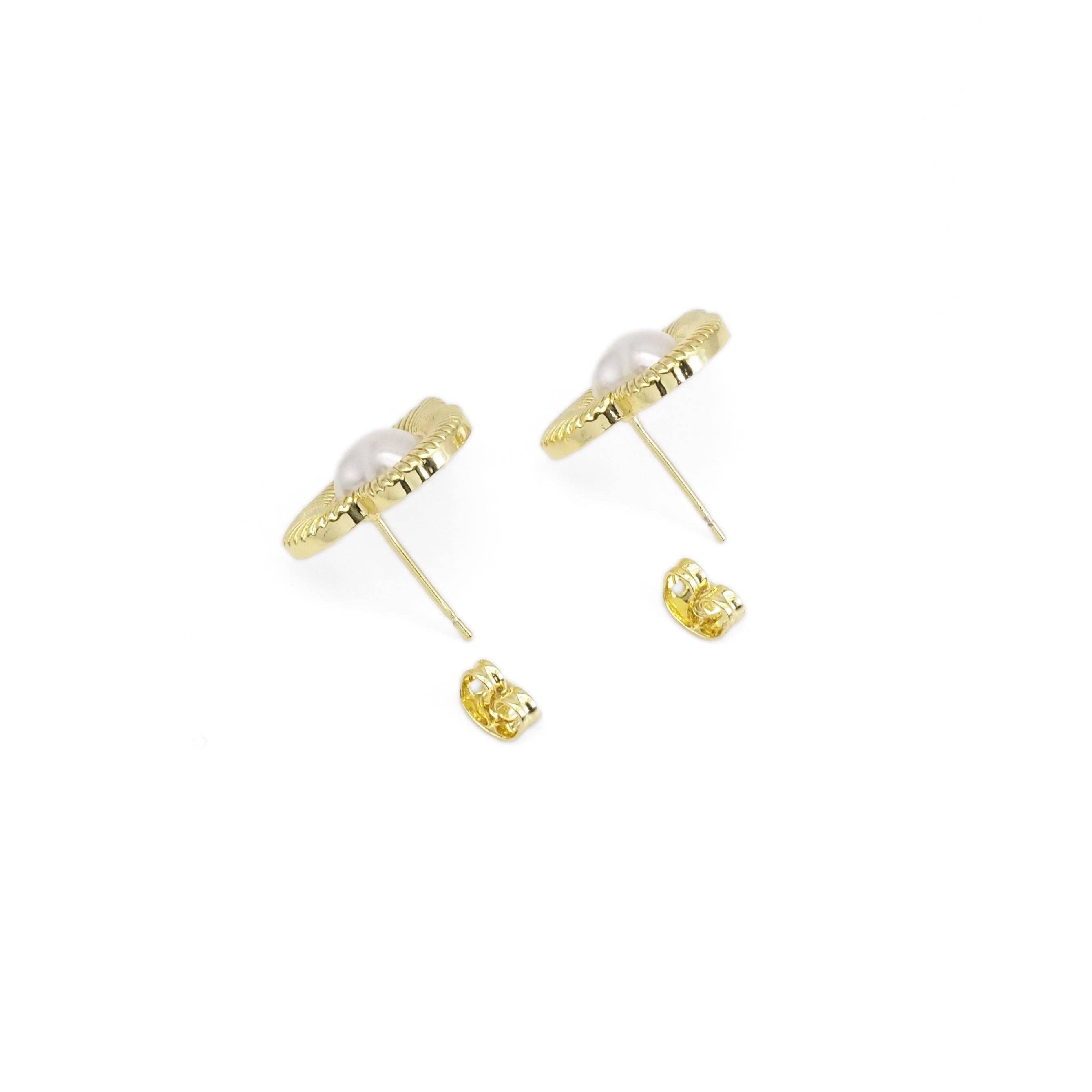Gold White Pearl Heart Stud Earrings, Sku#LD480