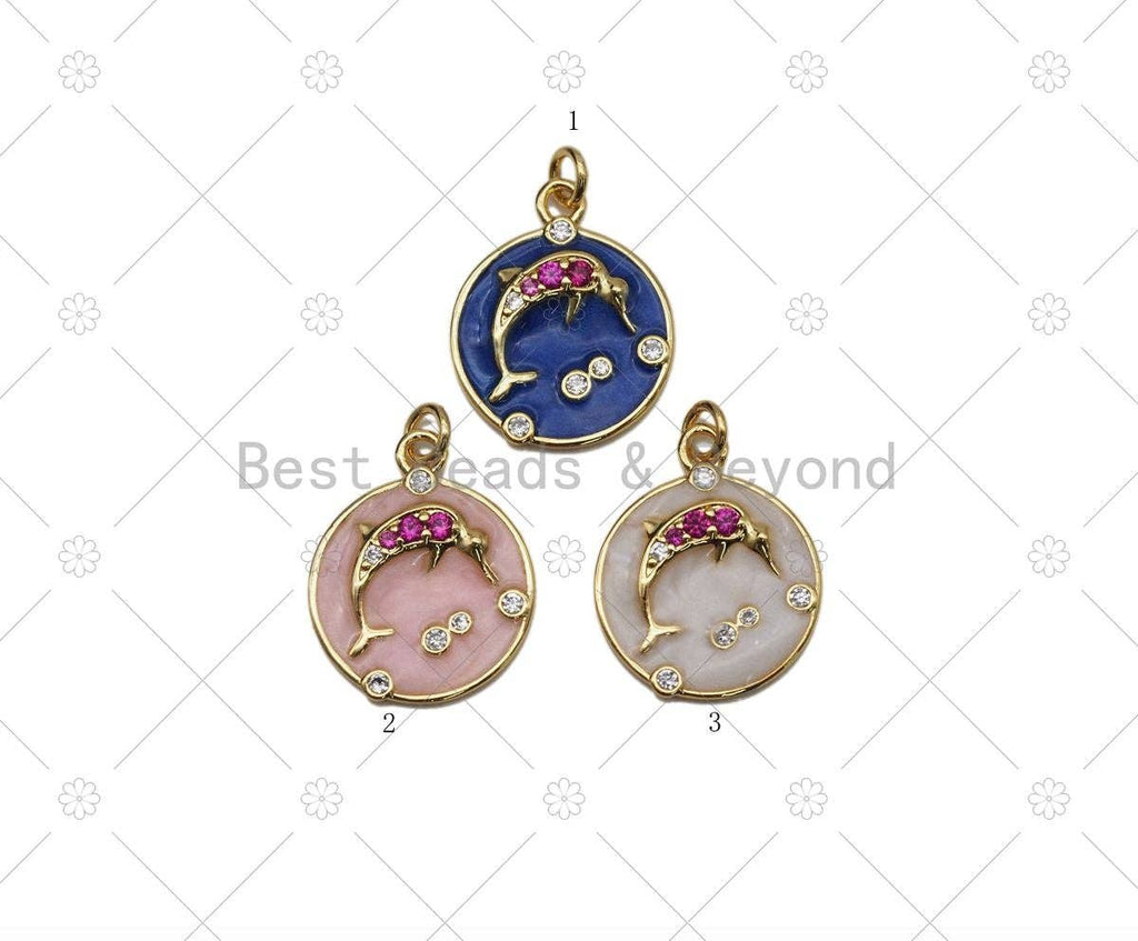 CZ Micro Pave Dolphin On Enamel Round Coin Shape Pendant,18K Gold Filled Dolphin Charm, Necklace Bracelet Charm Pendant, Sku#JD16