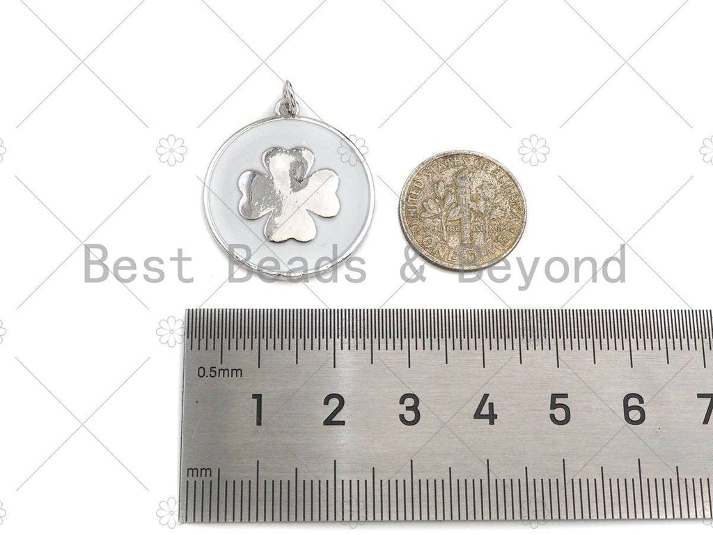 White Enamel Clover On Round Coin Pendant, Gold/Silver Enamel Pendant, Enamel Jewelry, 24x27mm, Sku#Z1215