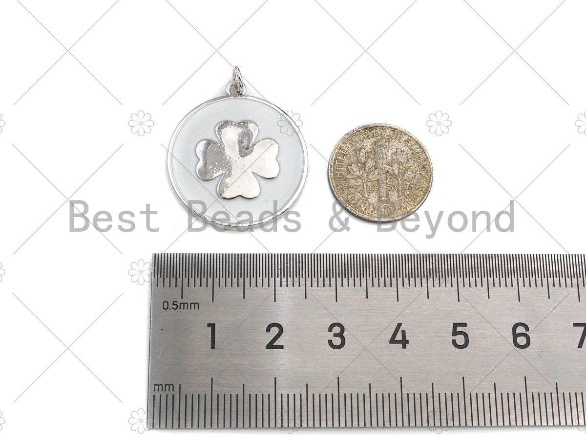 White Enamel Clover On Round Coin Pendant, Gold/Silver Enamel Pendant, Enamel Jewelry, 24x27mm, Sku#Z1215