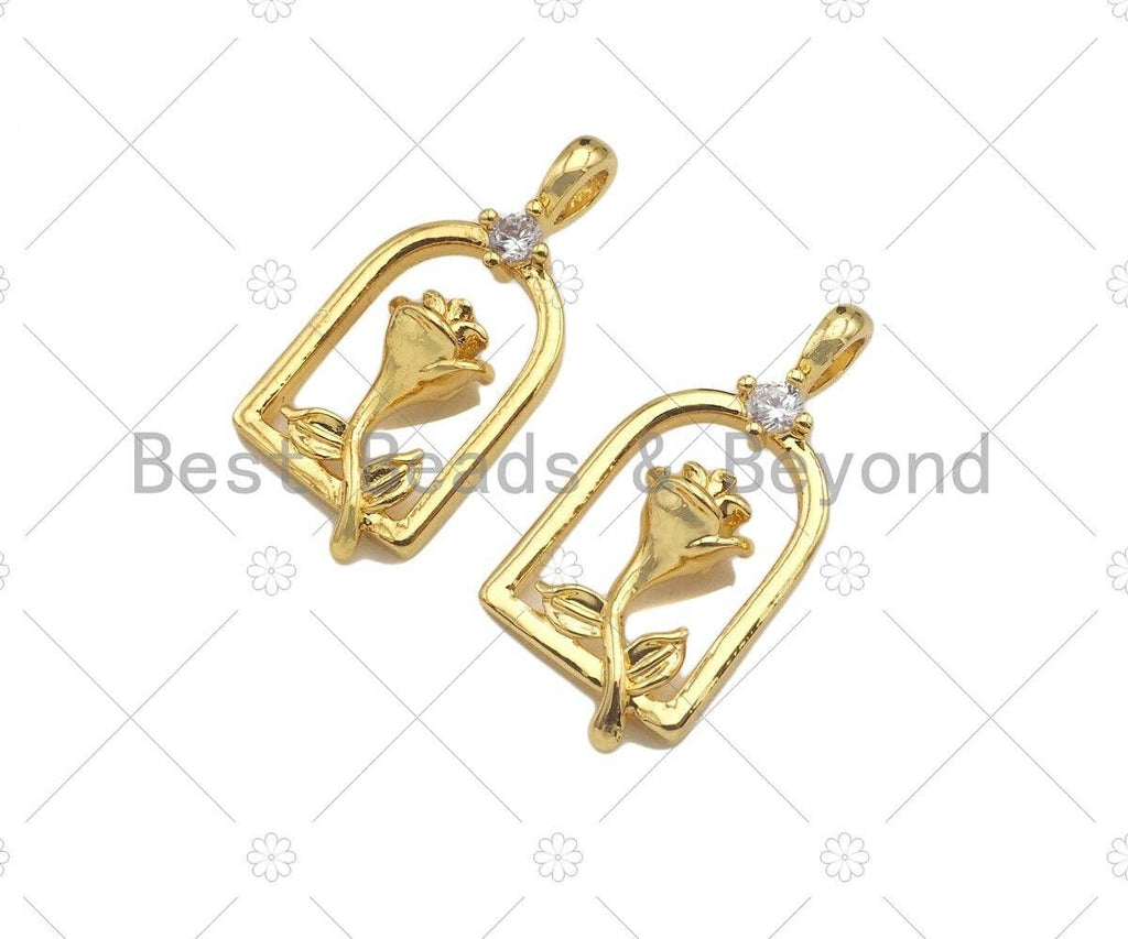 CZ Micro Pave Rose Flower On Birdcage Frame Shape Pendant/Charm, 18K Gold Charm, Necklace Bracelet Charm Pendant,11x23mm, Sku#LK259