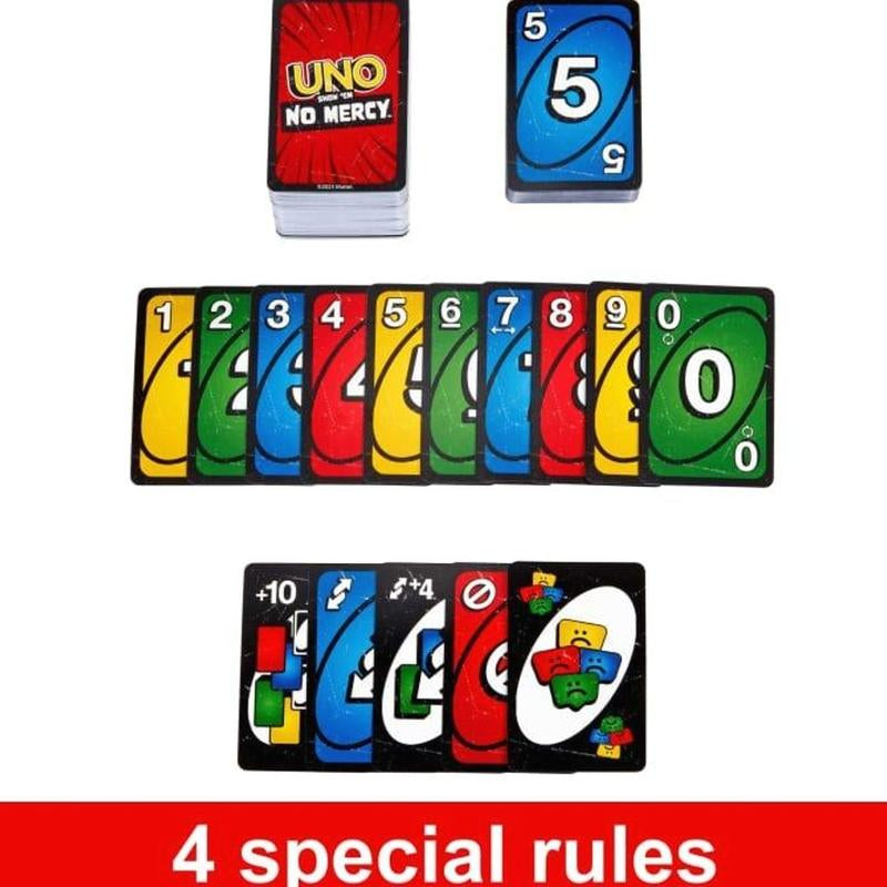 UNO Show ‘Em No Mercy plus Card Game in Storage & Travel Tin for Kids, Adults & Family Night with Extra Cards, Special Rules & Tougher Penalties