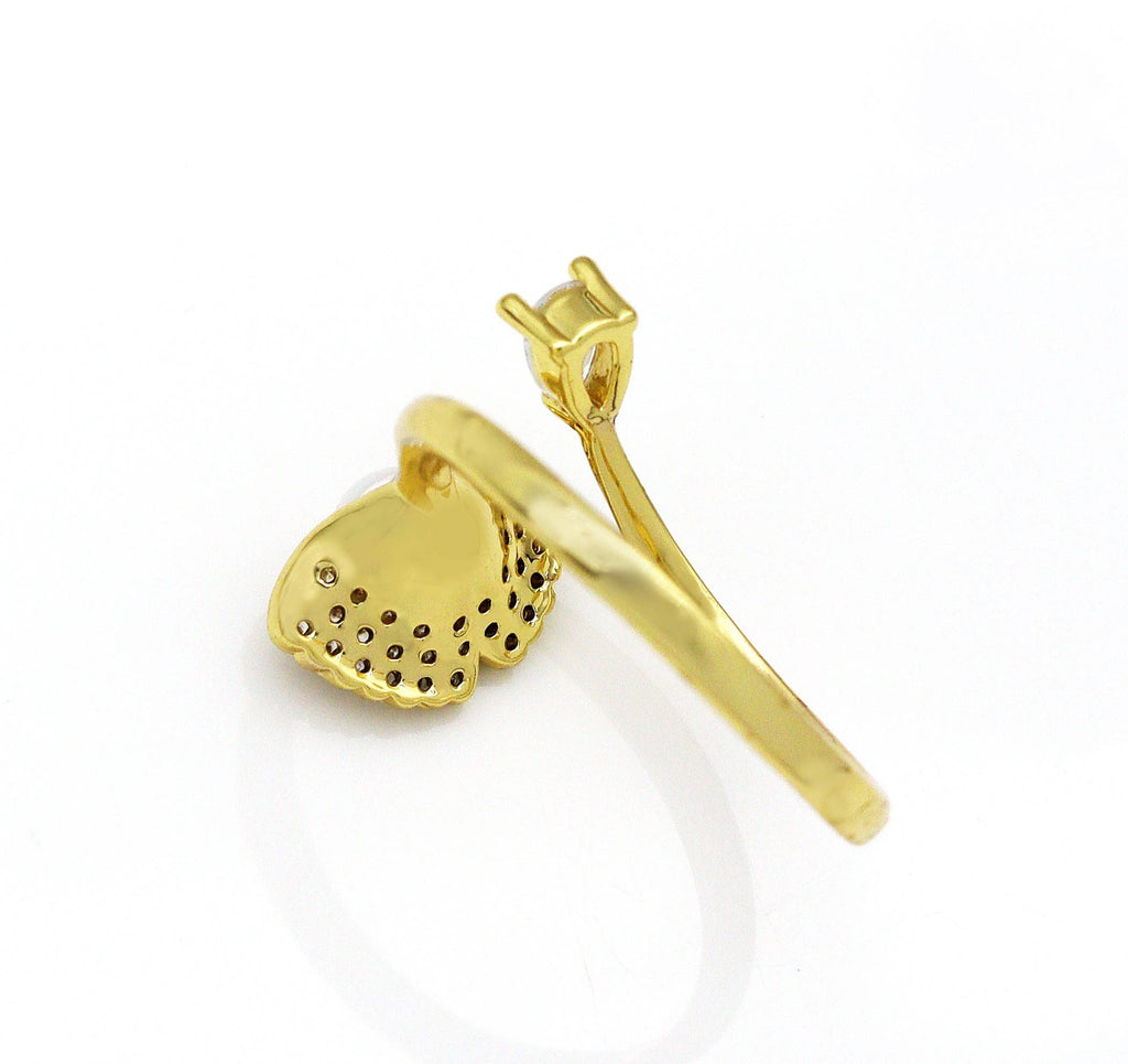 CZ Gold Tulip Flower Pearl Adjustable Ring, Sku#LD309