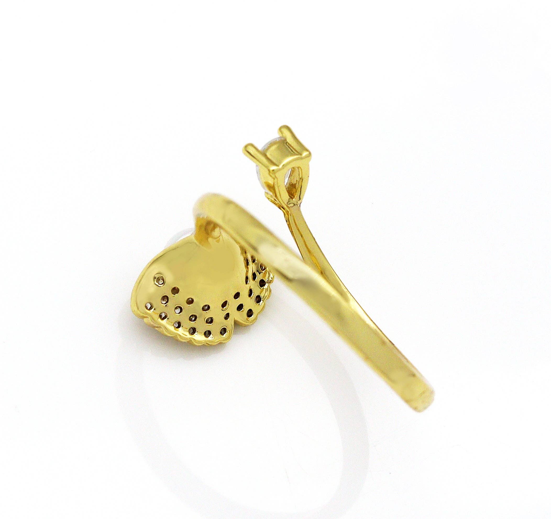 CZ Gold Tulip Flower Pearl Adjustable Ring, Sku#LD309