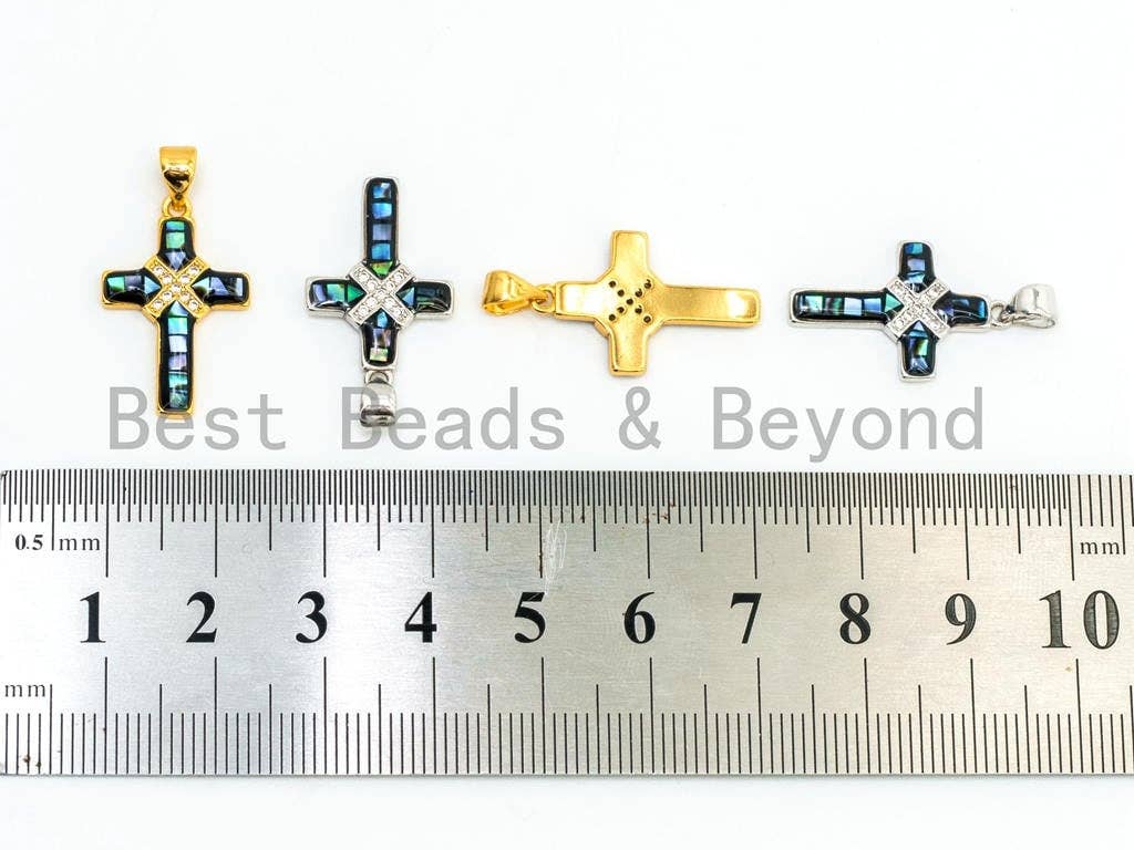 Abalone CZ Micro Pave Cross Pendant, 24K Gold Silver Plated, Cubic Zirconia Abalone Charm/Pendant, Jewelry Findings, 14x22mm, sku#Z44