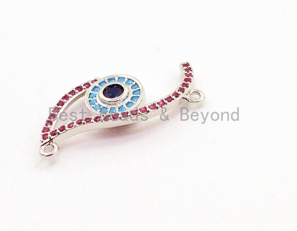 CZ Micro Pave Fuchisa Half Evil Eye Connector for Bracelet/Necklace, Cubic Zirconia Space Connector, Jewelry Findings,11x30mm, sku#E23C
