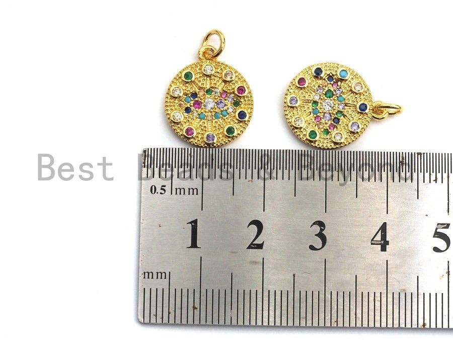 CZ Colorful Micro Pave Round  Gold With Evil Eye Pendant, Coin Shaped Pave Pendant, Gold plated, 15x17mm, Sku#F867