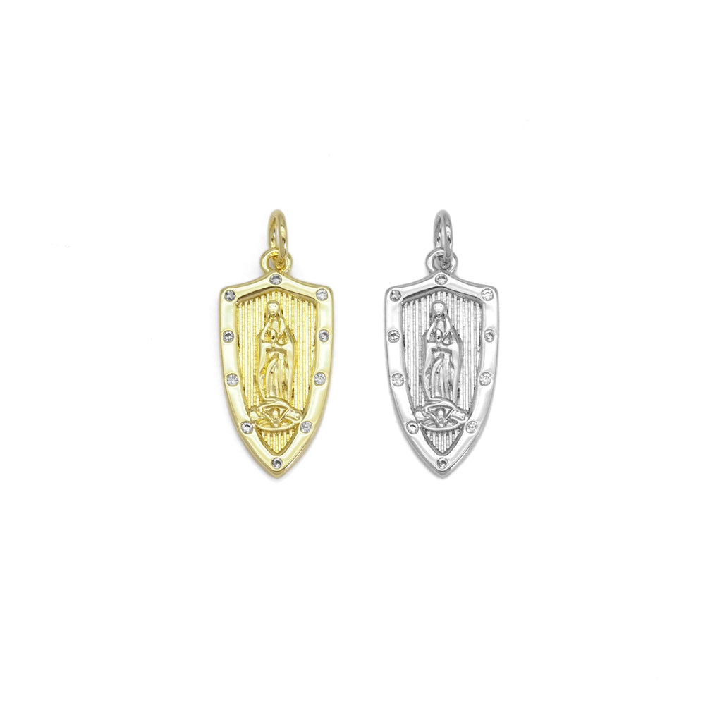 Clear CZ Gold Virgin Mary On Shield Charm, Sku#LX367