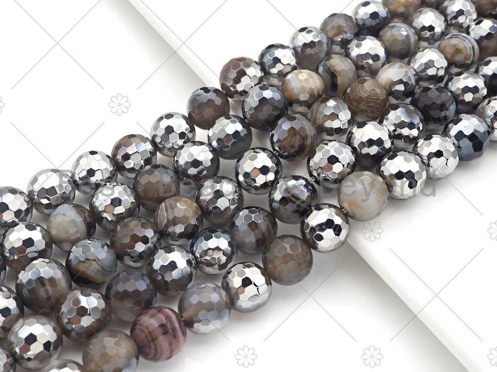 Natural Half Silver Gray Agate Beads, 8mm/10mm/12mm Round Faceted Gray Agate Beads, 15.5 Full Strand, sku# UA122