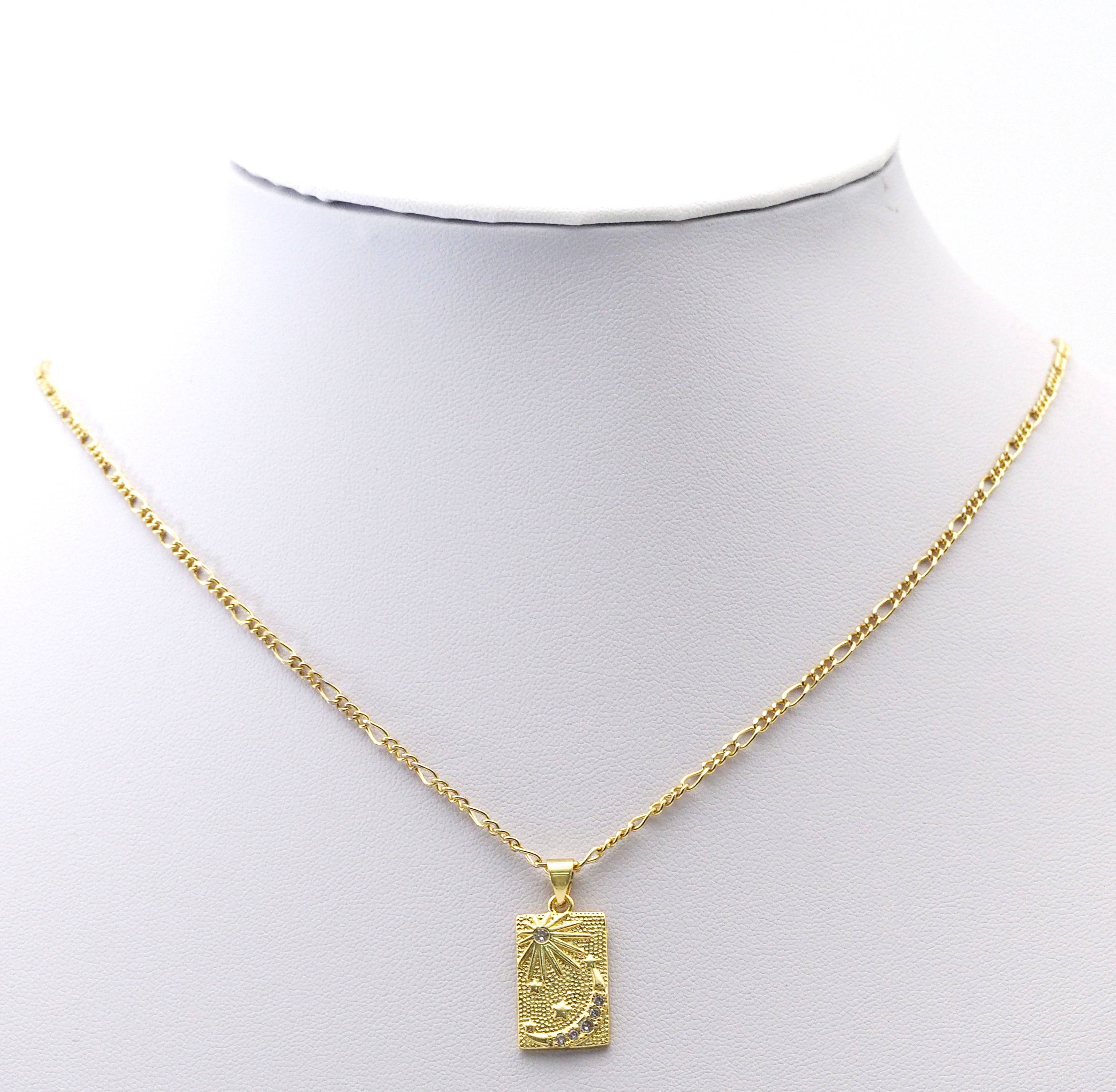 CZ Gold Sun Cresent Moon Star Rectangle Dog Tag Charm, Sku#LK762