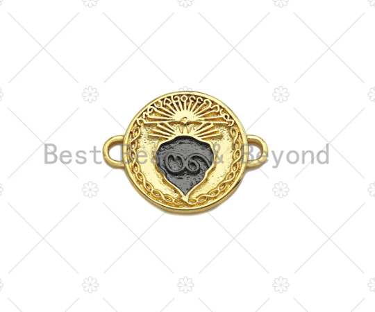 Black Enamel Heart On Round Coin Shape Connector, 18K Gold Enamel Link, Necklace Bracelet Charm Pendant,18x23mm,Sku#Z1329