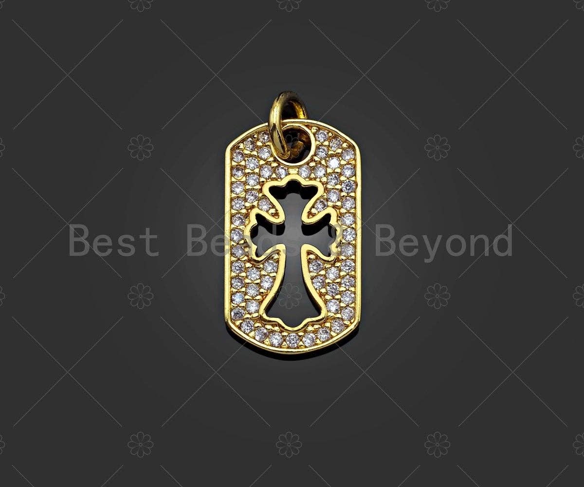 CZ Micro Pave Hollow Out Cross On Rectangle Shape Pendant/Charm,Dainty Medallion Charm, Necklace Bracelet Charm Pendant,10x17mm, Sku#L514