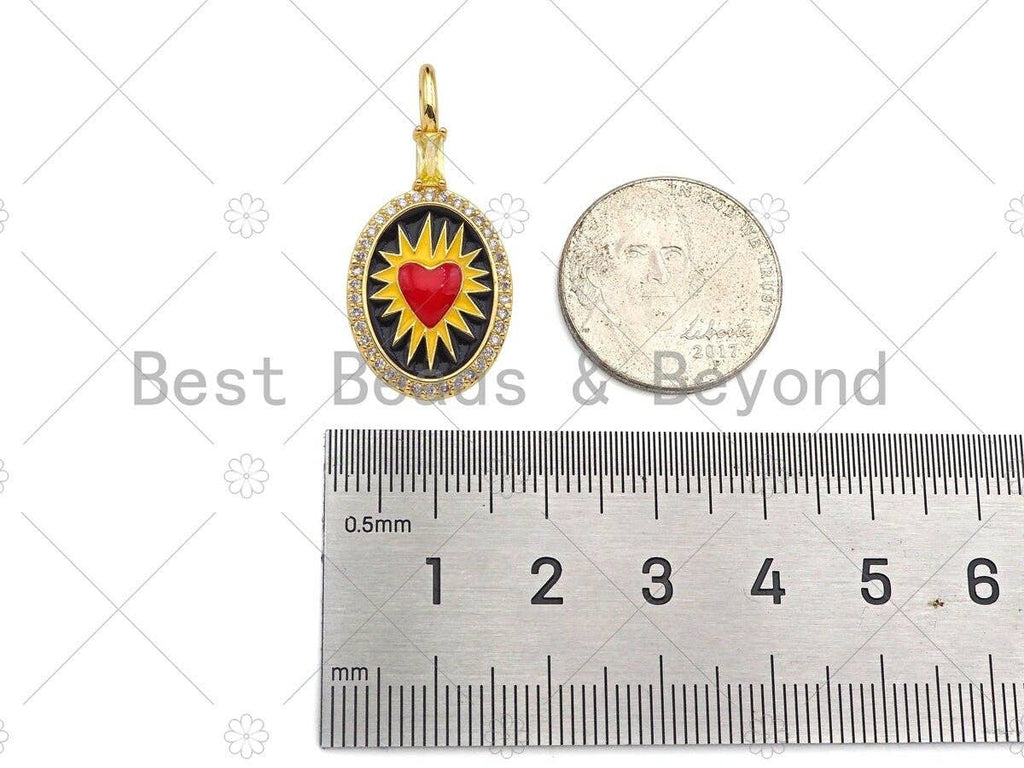 CZ Micro Pave Red Enamel Heart On Black Yellow Enamel Oval Shape Pendant, 18K Gold Filled CZ Enamel Oval Charm,16x33mm,Sku#Z1377