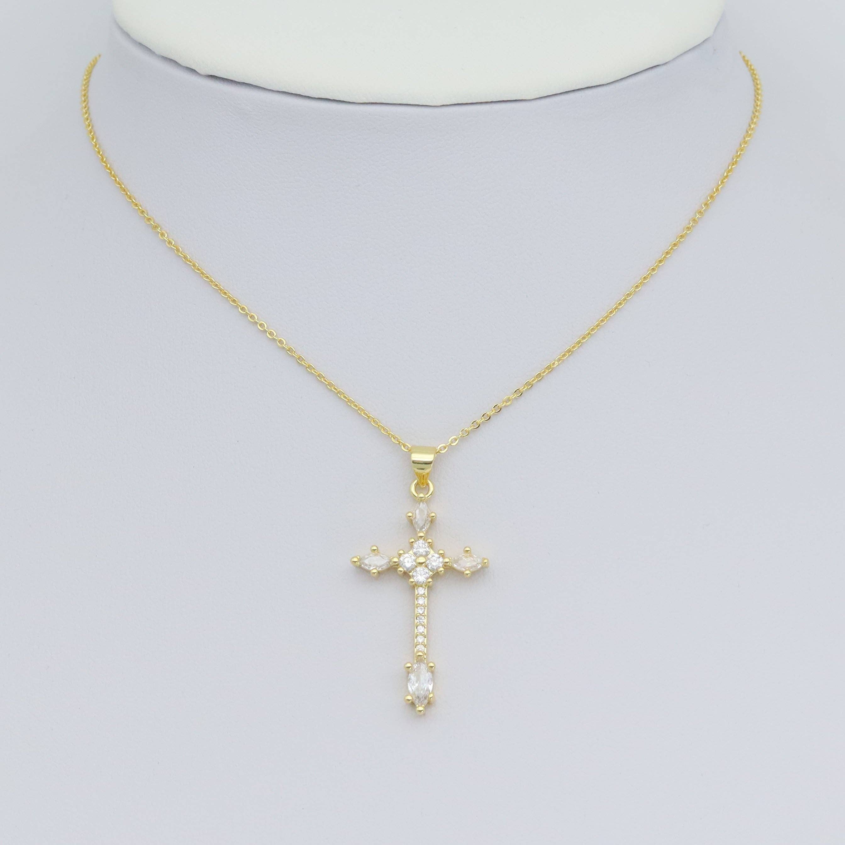 Gold Clear Oval CZ Cross Charm Pendant, Sku#LD639