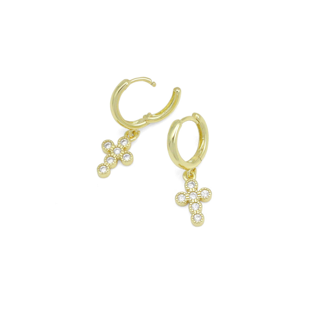 Gold Silver CZ Cross Pendant Hoop Earrings, Sku#LX739