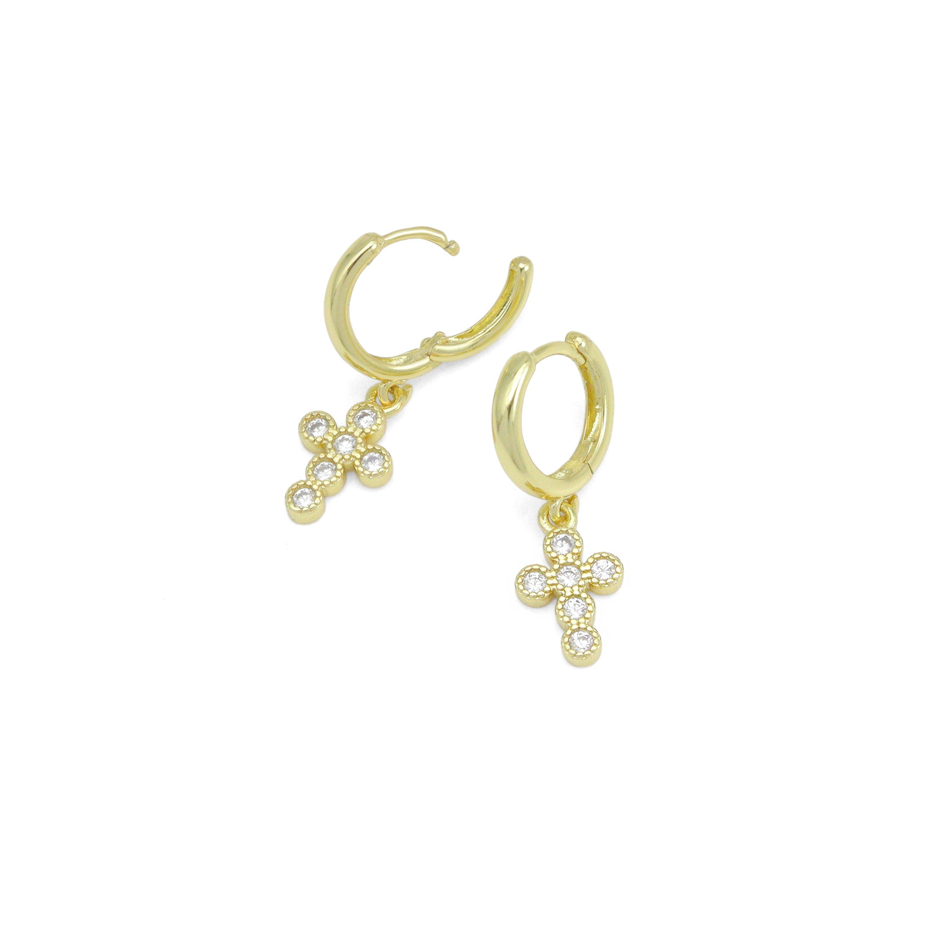 Gold Silver CZ Cross Pendant Hoop Earrings, Sku#LX739