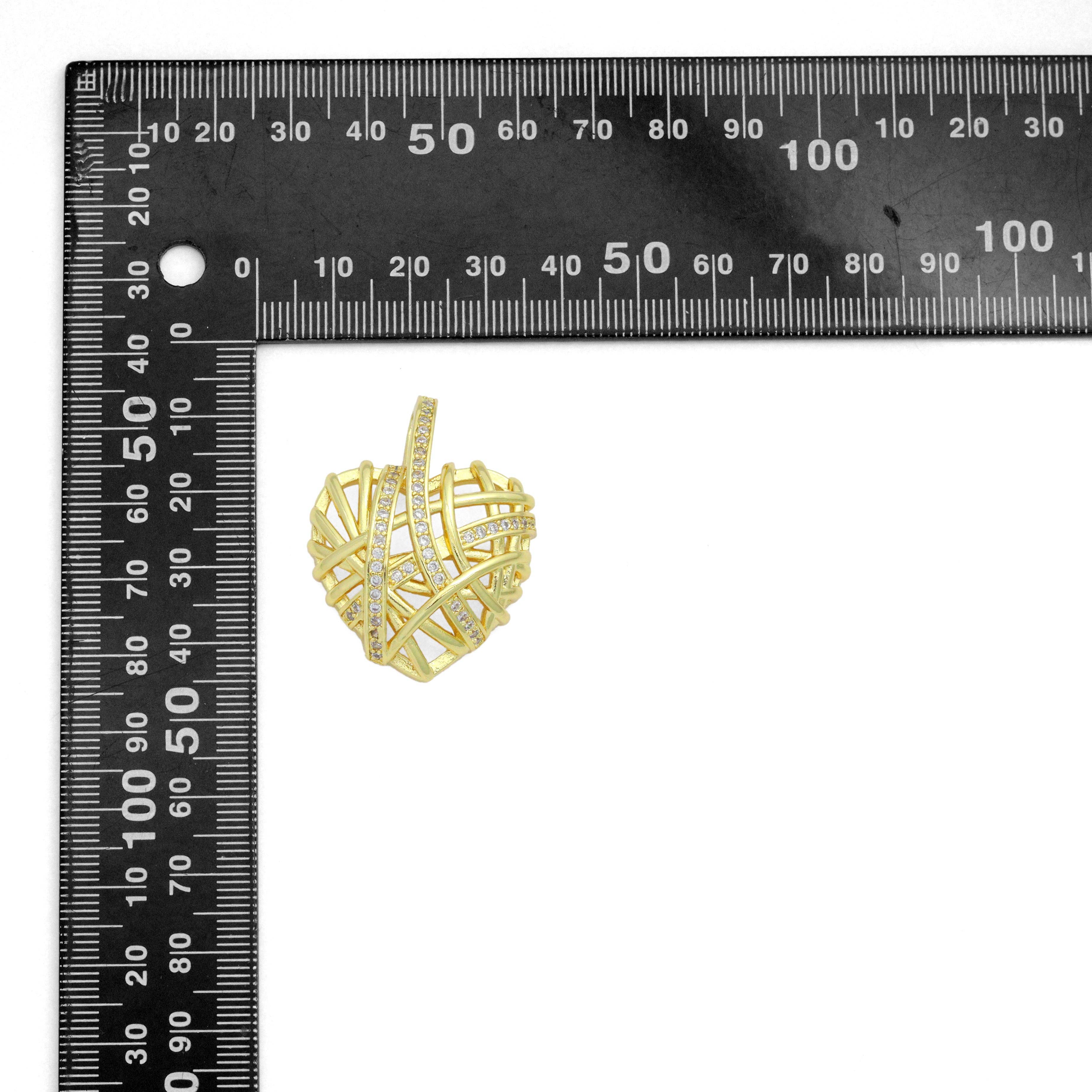Clear CZ Gold Cage Puffy Heart Charm Pendant, Sku#LD708