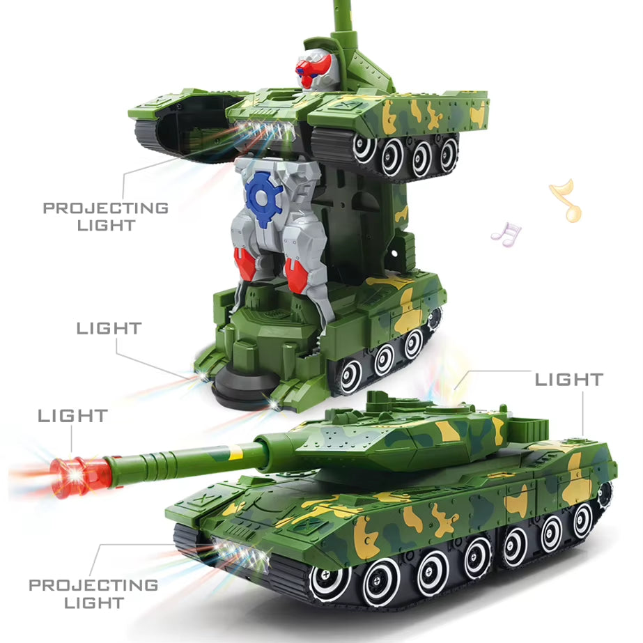 Electric Transforming Robot Car Toys with Light and Music 2 in 1 Automatic Tank Transform Robot Toy for Kids Gift