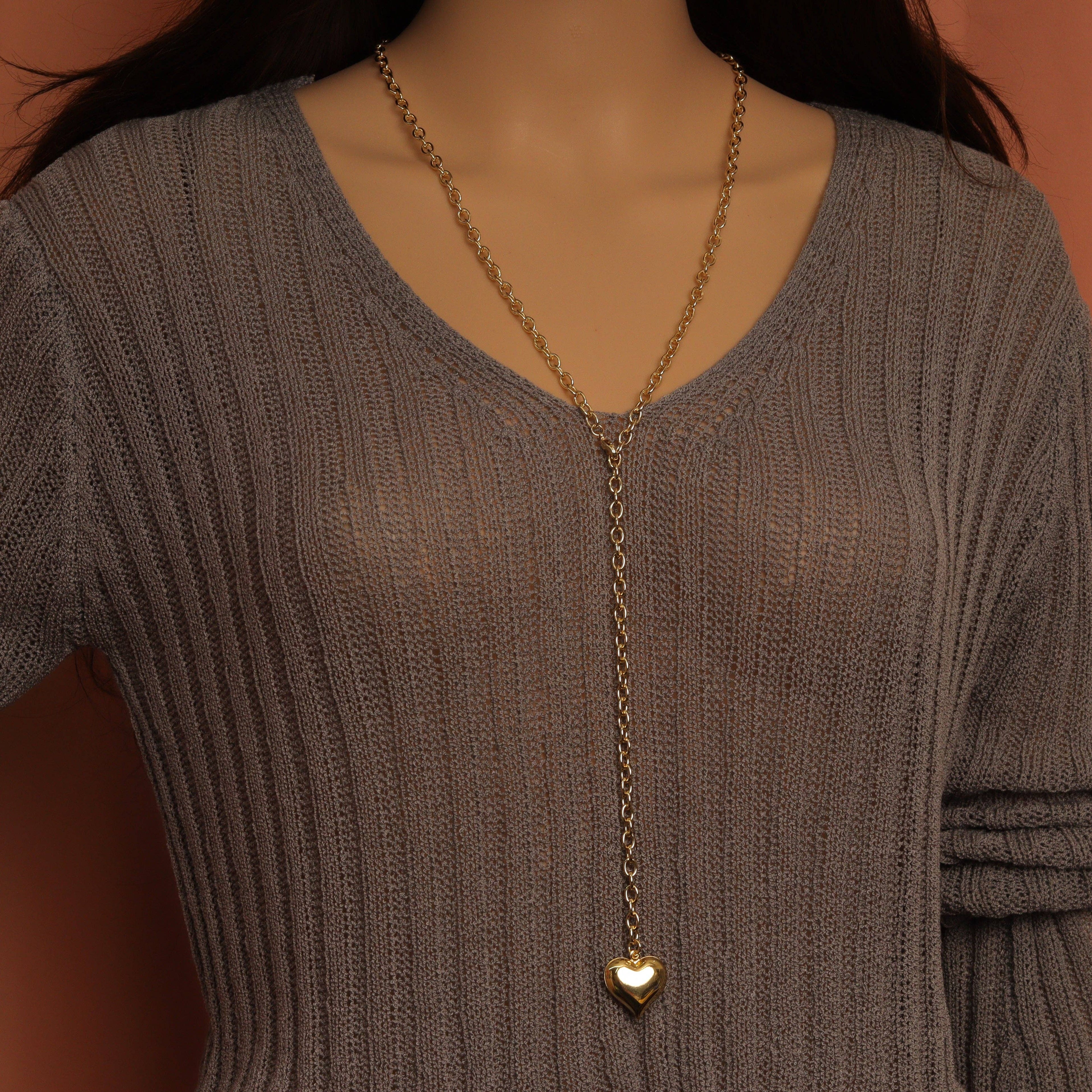 32inch Gold Link Chain Puffy Heart Pendant Necklace, sku#EF760