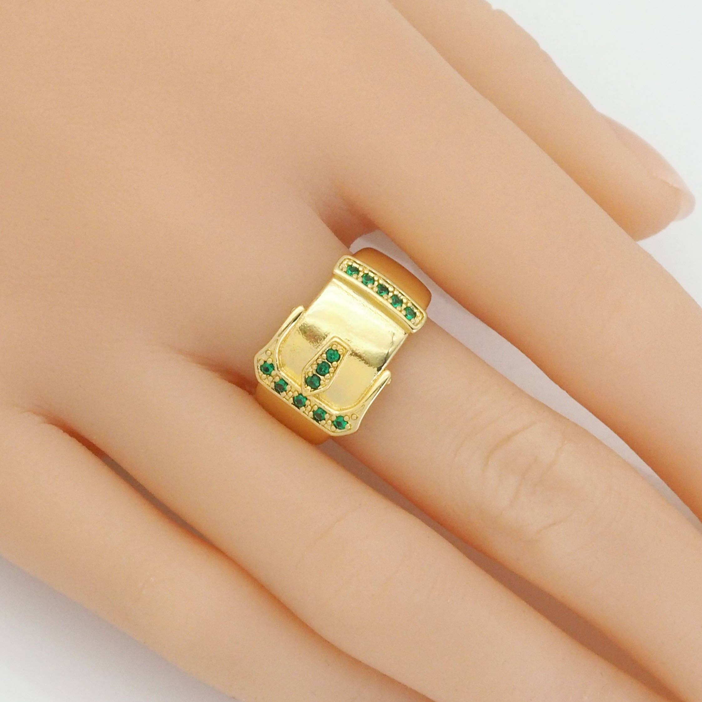 Gold Clear Green CZ Belt Adjustable Ring, Sku#Y813