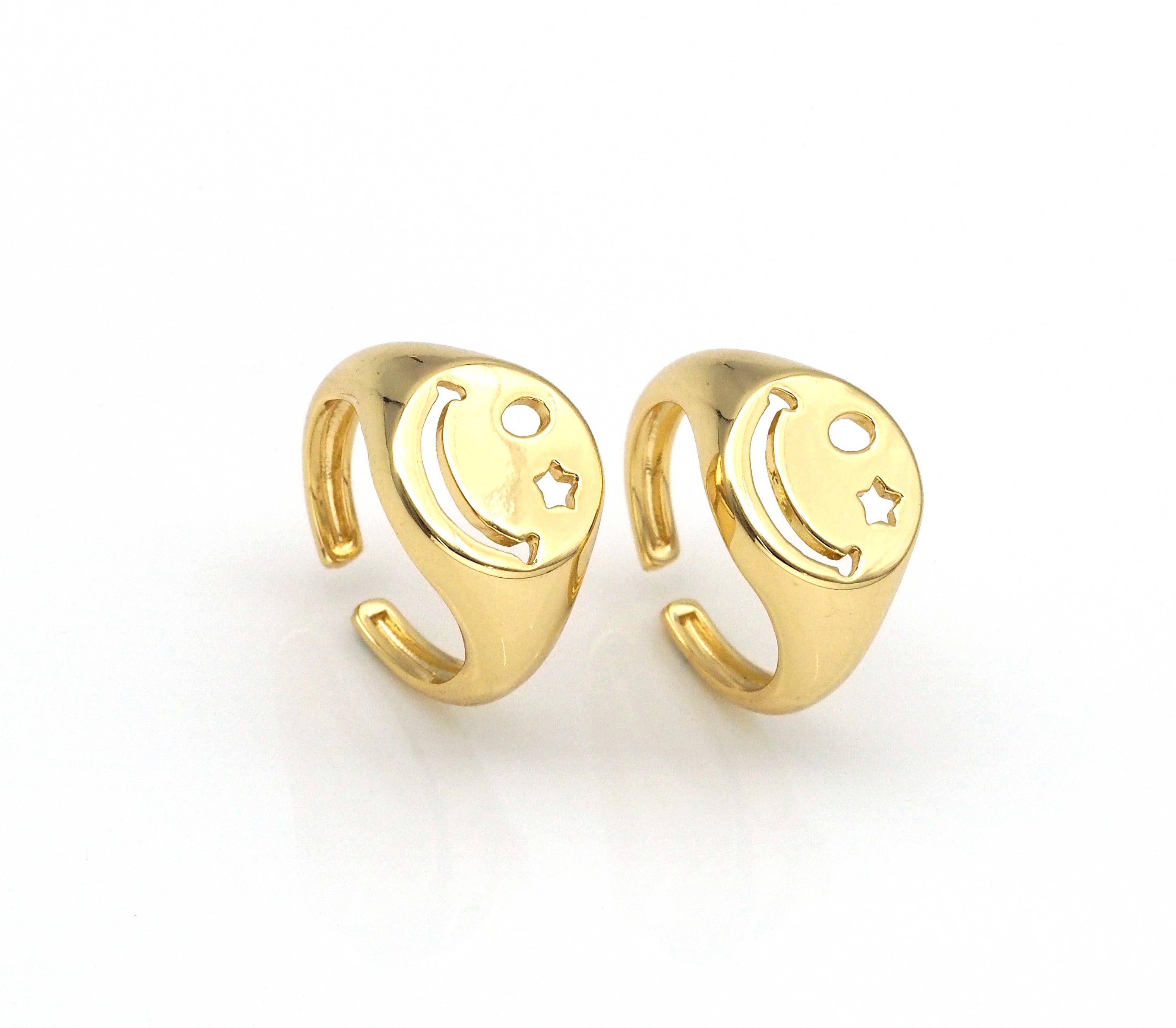 Star Eye Smiley Face Gold Filled Brass Signet Ring, sku#LD153C