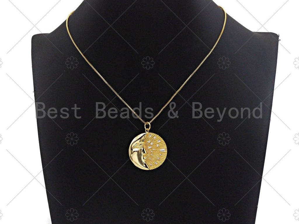 CZ Micro Pave Moon with Radiation Light Round Coin Pendant/Charm, Large Gold/Silver/Rose Gold/Gunmetal Coin Pendant, 31mm, sku#Y297