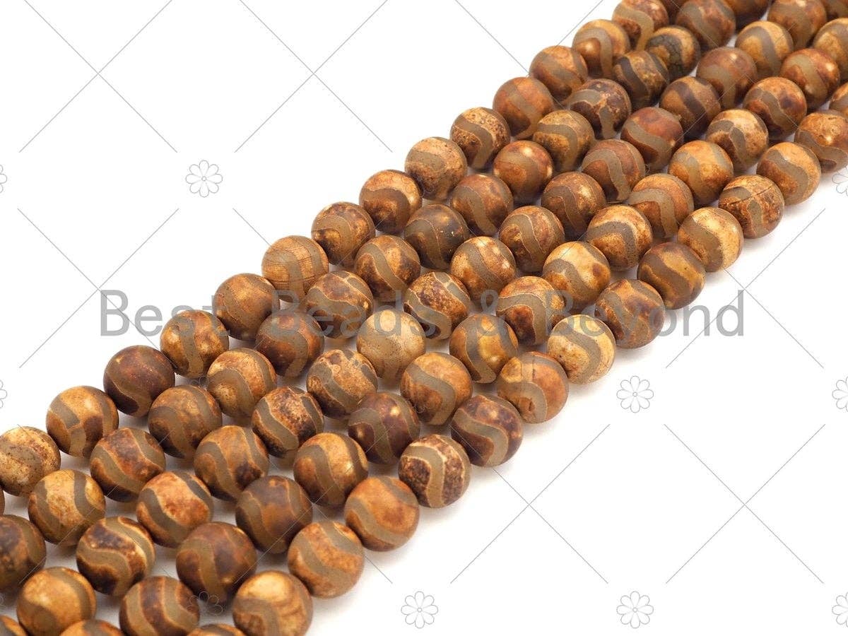 Natural Tibetan Brown Double Wavy Line Agate  Beads, Dzi Eye Agate Beads, 6mm/8mm/10mm Round Smooth Agate,15.5" Full Strand, Sku#U1105