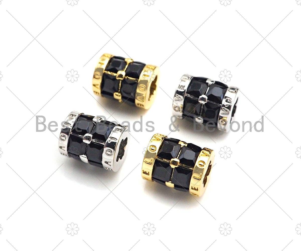 CZ Micro Pave Clover Shape Large Hole Tube Spacer Beads Charms/Drum Barrel Beads, Black CZ, 7x8mm, Sku#Y355