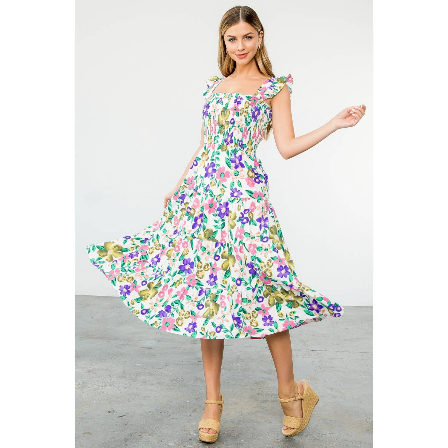 SUZY- Flower Smocked Midi Dress