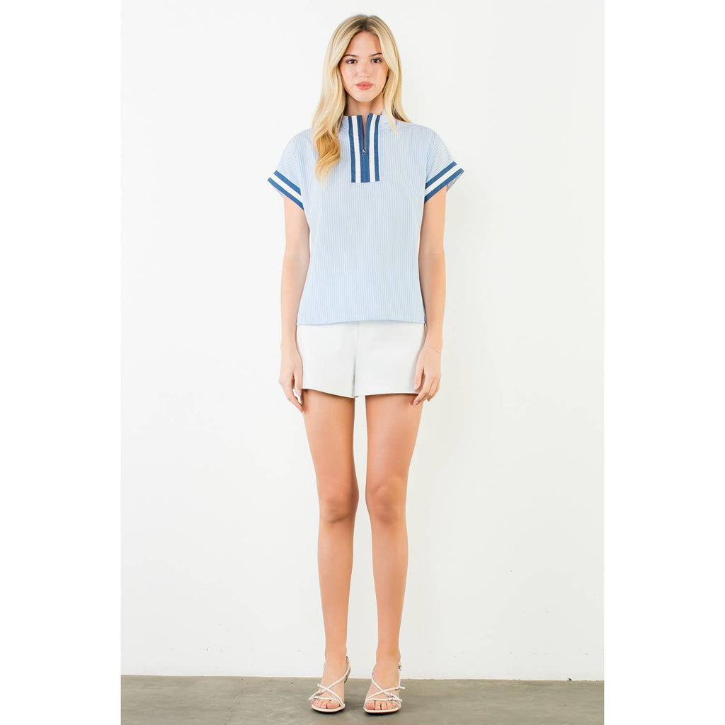 Ally-Short Sleeve Striped Half Zipper Top