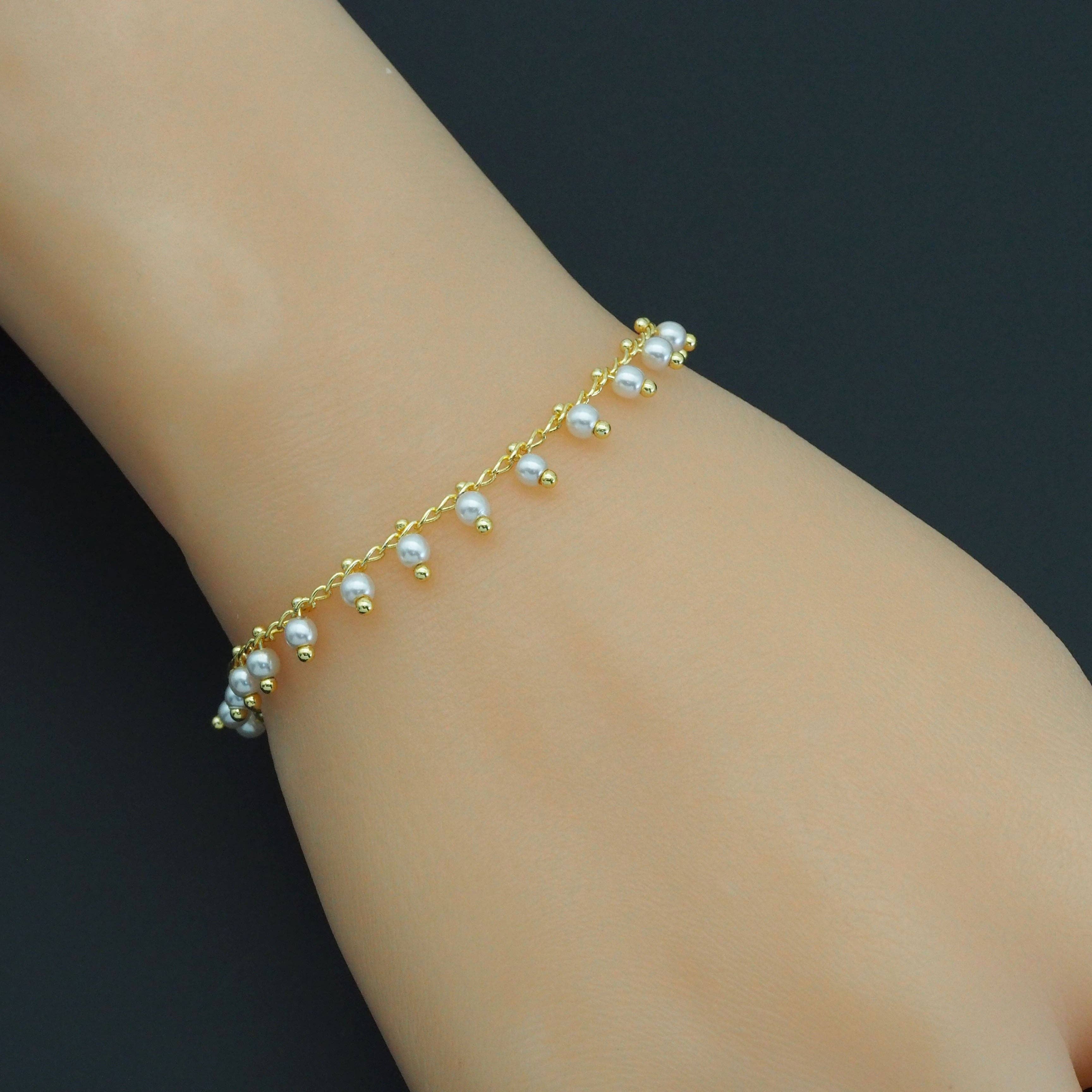 Gold Dangle White Pearl Chain Necklace Bracelet Anklet, sku#EF516