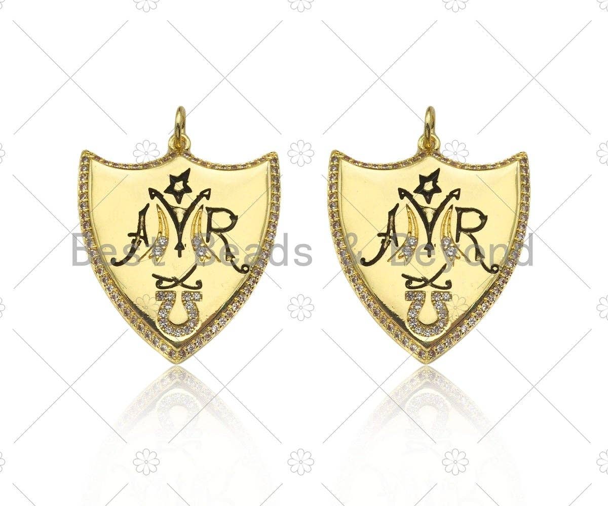 18K Dainty Gold Symbol On Shield Shape Pendant/Charm,Cubic Zirconia Charm, Necklace Bracelet Charm Pendant, 28x24mm, Sku#L556