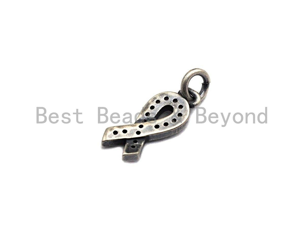 Rhidium CZ Micro Pave Breast Cancer Awareness Ribbon Charm, AIDS Care Cubic Zirconia Pendant Charm, Antique Silver Color, 6x16mm,sku#X117