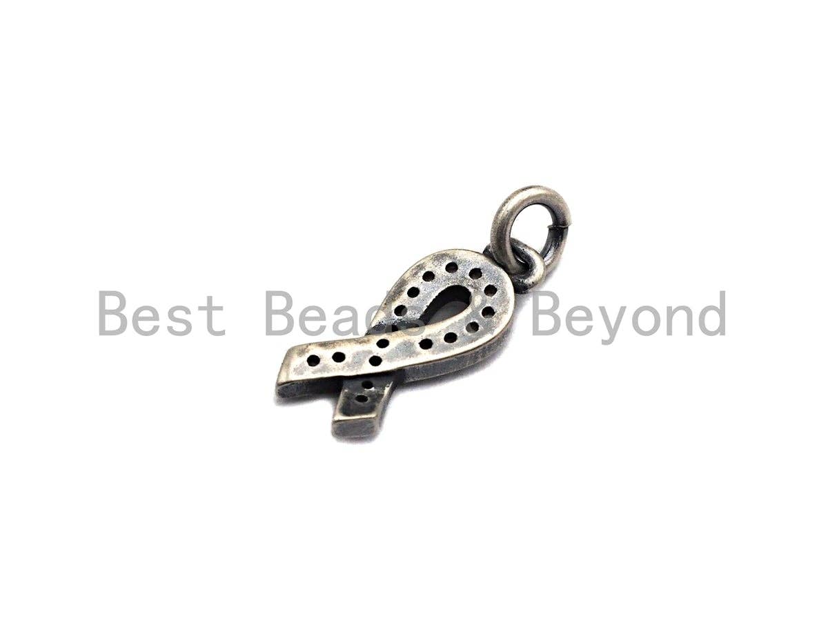 Rhidium CZ Micro Pave Breast Cancer Awareness Ribbon Charm, AIDS Care Cubic Zirconia Pendant Charm, Antique Silver Color, 6x16mm,sku#X117