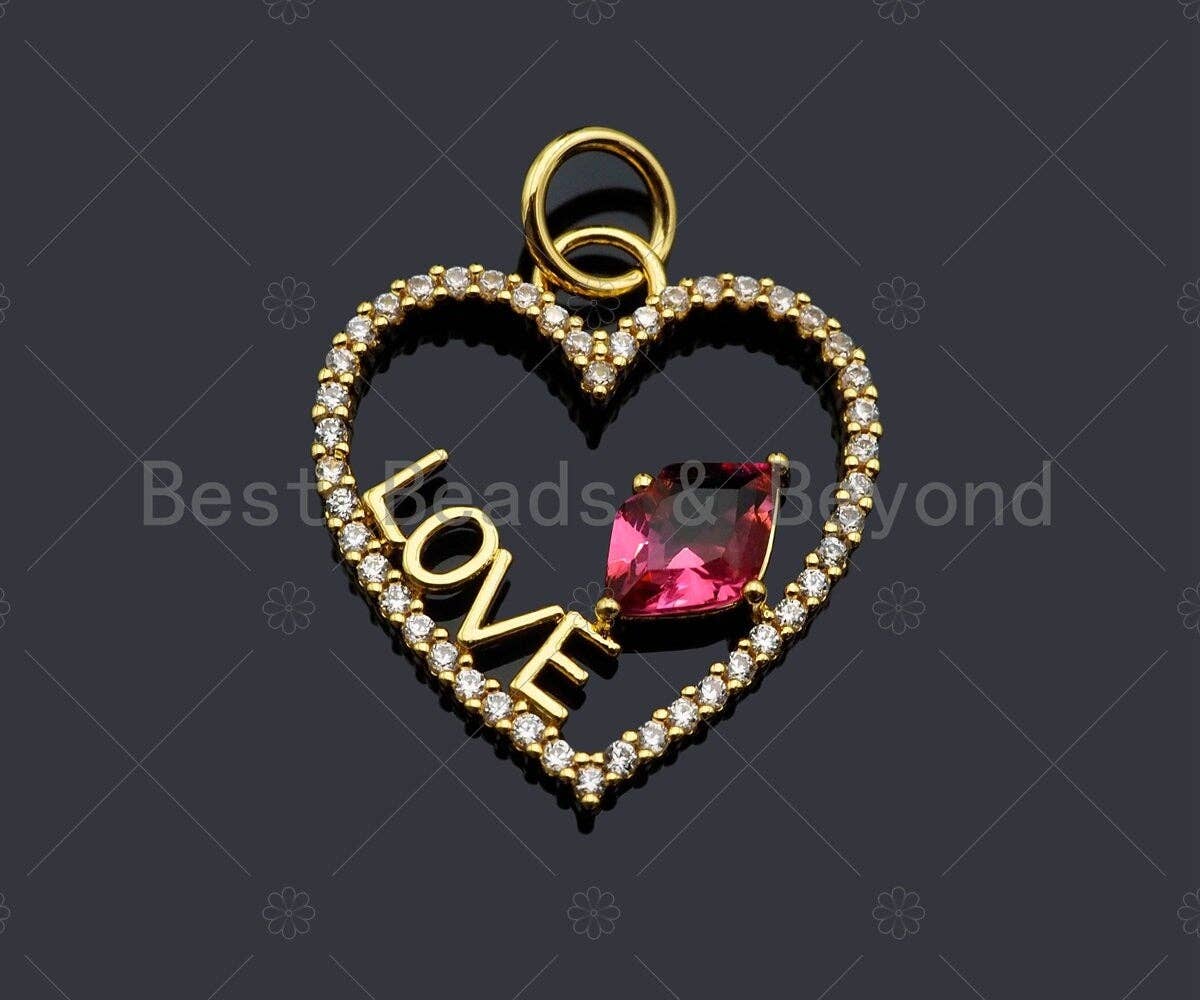 Big Fuchsia CZ Micro Pave Love On Heart Shape Pendant/Charm,Cubic Zirconia Paved Charm, Necklace Bracelet Charm Pendant, 16x17mm,Sku#Y356