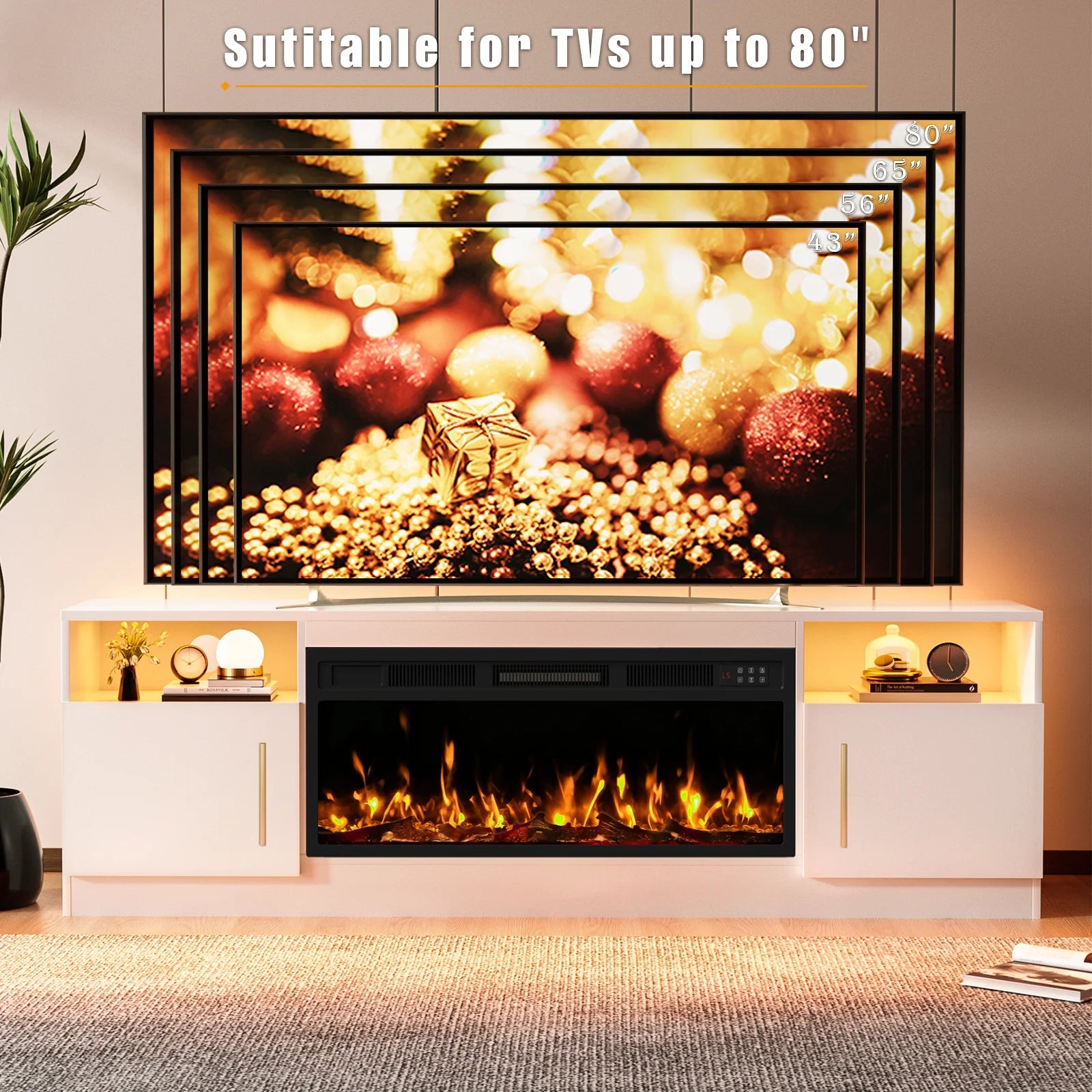 70Inch Cable Management Television Stand with Electric Fireplace, Wood White