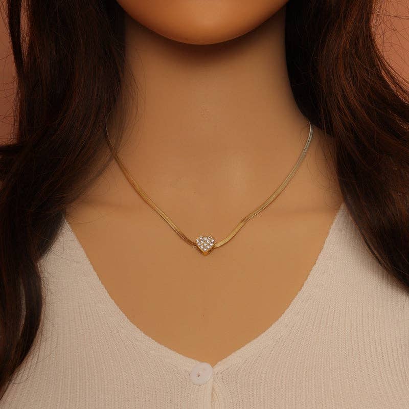 Dainty herringbone Chain CZ Heart Necklace, sku#EF298