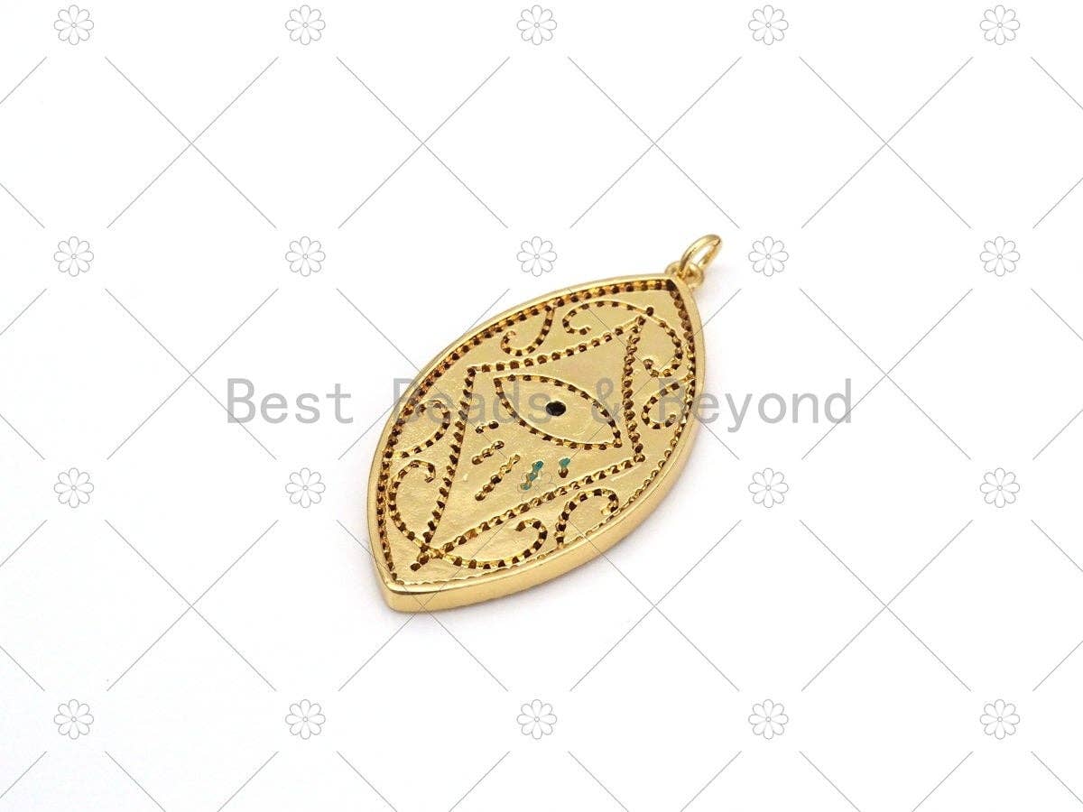 CZ Micro Pave Turquoise Enamel Evil Eye On Oval Leaf Shape Pendant, 18K Gold Filled Evil Eye Charm, Necklace Pendant,22x42mm, Sku#L631