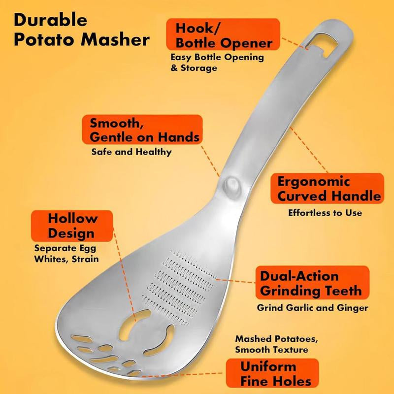 Heavy Duty Food Grade Stainless Steel: Multifunctional Potato Masher with Slotted Spoon & Raw Egg Separator, Durable Kitchen Gadget for Mashing Potatoes, Avocados, Vegetables & Beans, Easy Clean & Dishwasher Safe.