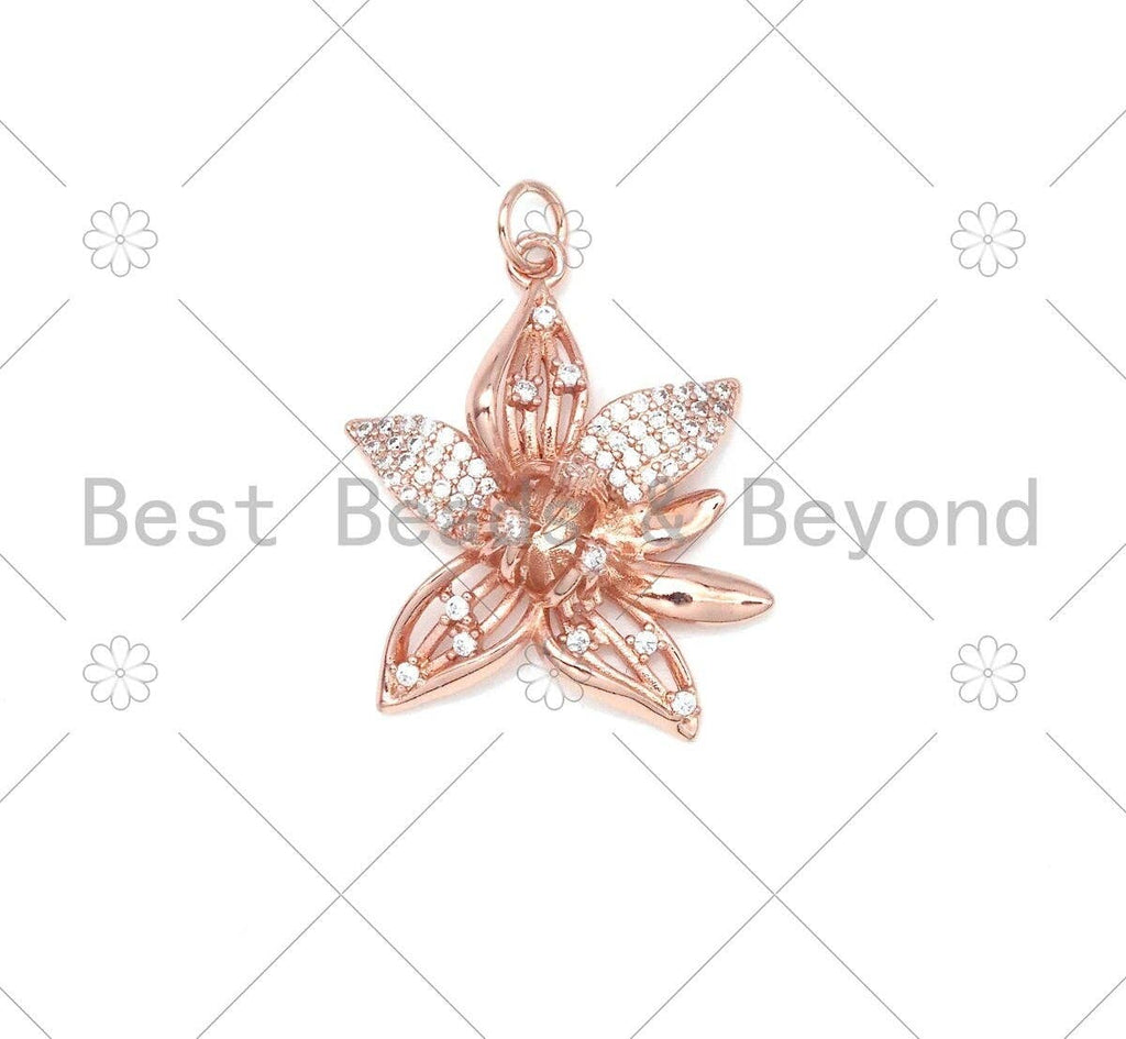 CZ Micro Pave  Flower Shape Pendant/Charm, Gold/Silver/Rose Gold/Black Flower Charm, Necklace Bracelet Charm Pendant,21x28mm,Sku#Y481