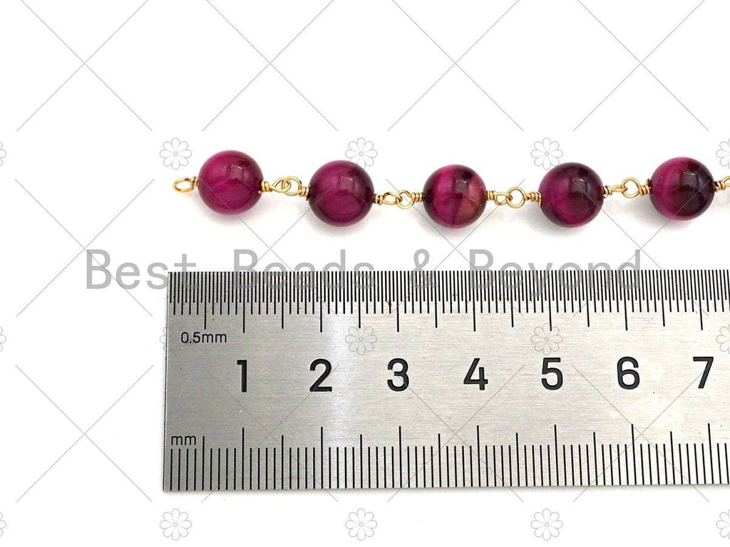 Teal Blue/Fuchsia/Navy Blue High Quality Tiger Eye Rosary Chain, 8mm Beaded Chain, Wire Wrapped Gold Chain,Sku#V81