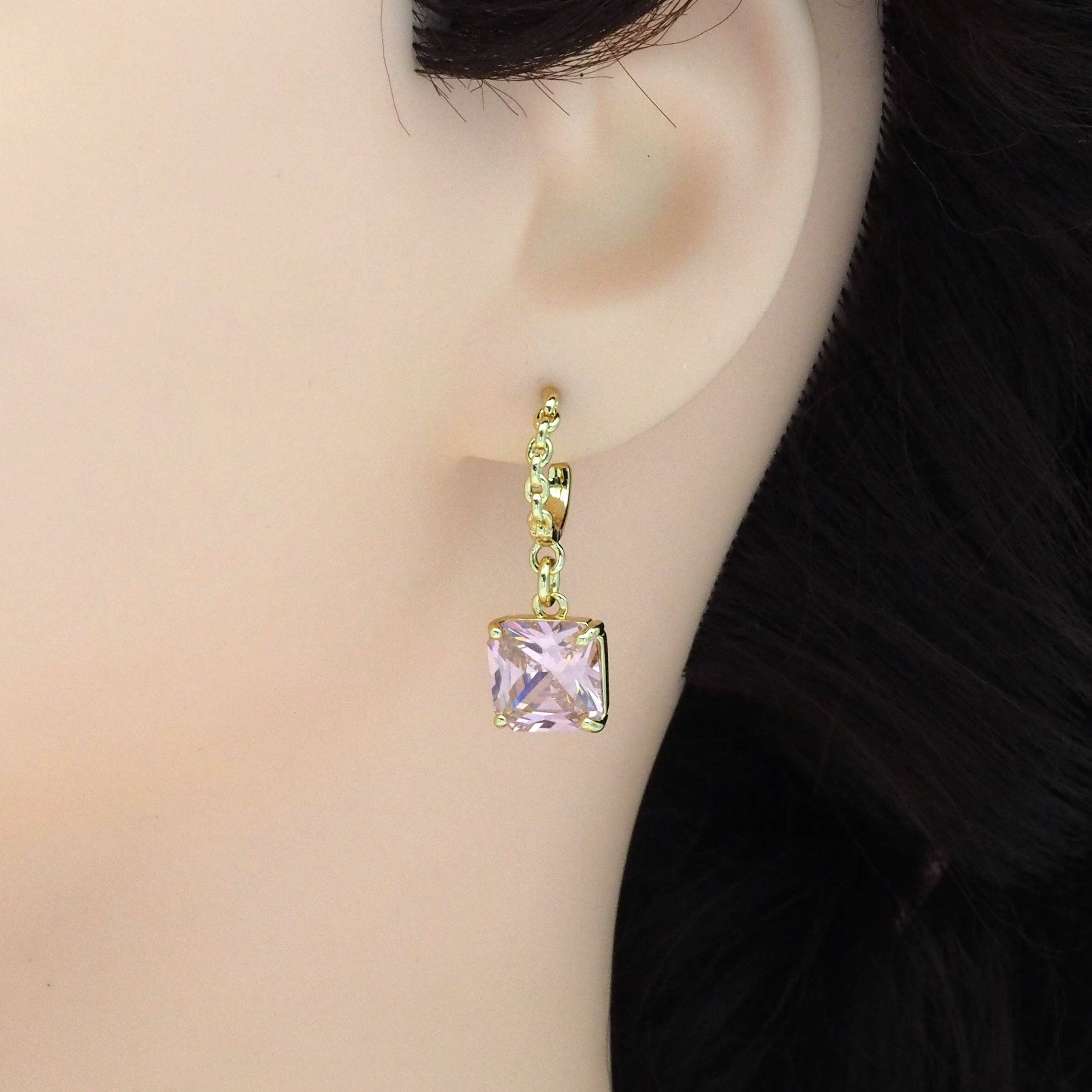 Twisted Hoop with Dangle Square CZ Earrings, Sku#LD414