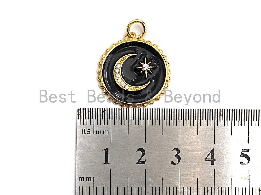 Enamel Moon Star Round disc Charm Pendant, Black/Red/White Enamel charm, Enamel round disc charm, 21x23mm,sku#Z408