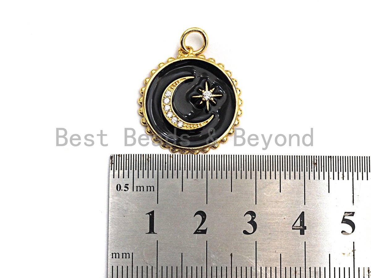 Enamel Moon Star Round disc Charm Pendant, Black/Red/White Enamel charm, Enamel round disc charm, 21x23mm,sku#Z408