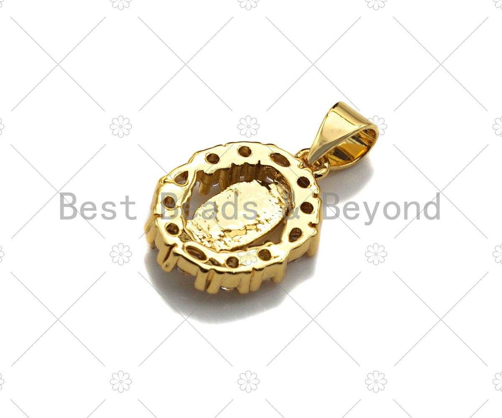 18K Gold Virgin Mary On Oval Emblem Shape Pendant, Oval Charm,  Sku#F1150C