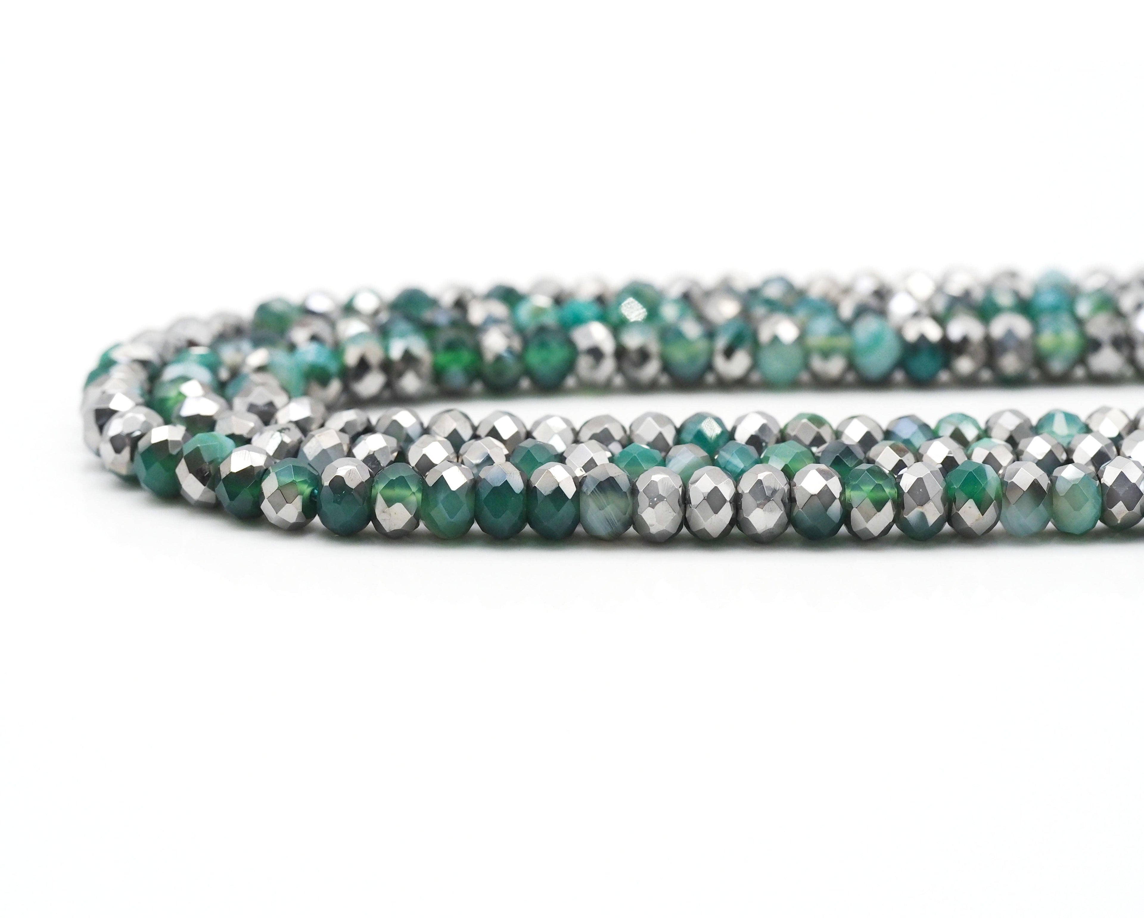 Half Silver Plated Green Banded Agate Rondelle Faceted Beads, Sku#UA249